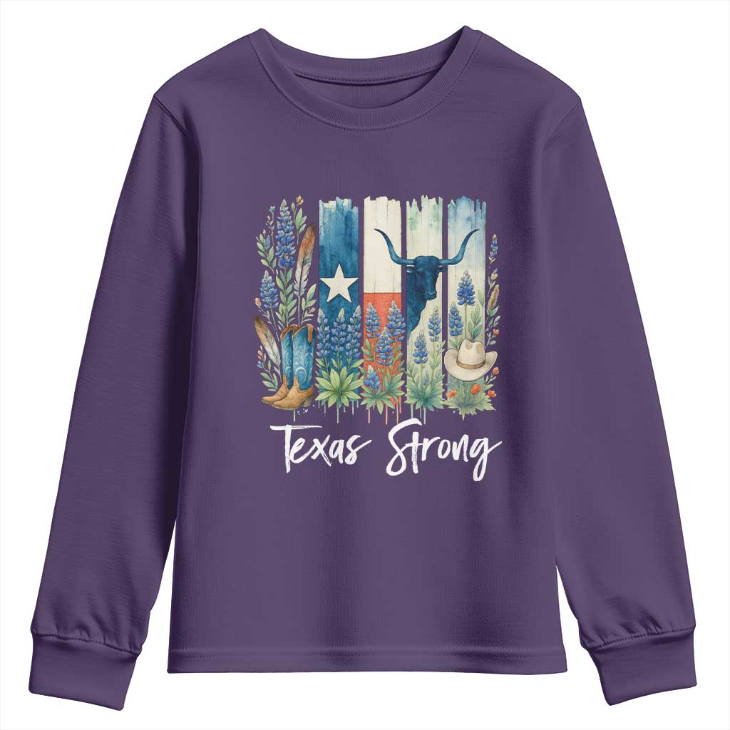 Retro Strong Texas Youth Sweatshirt Bluebonnets Longhorn Cowboy Western Pride - Wonder Print Shop