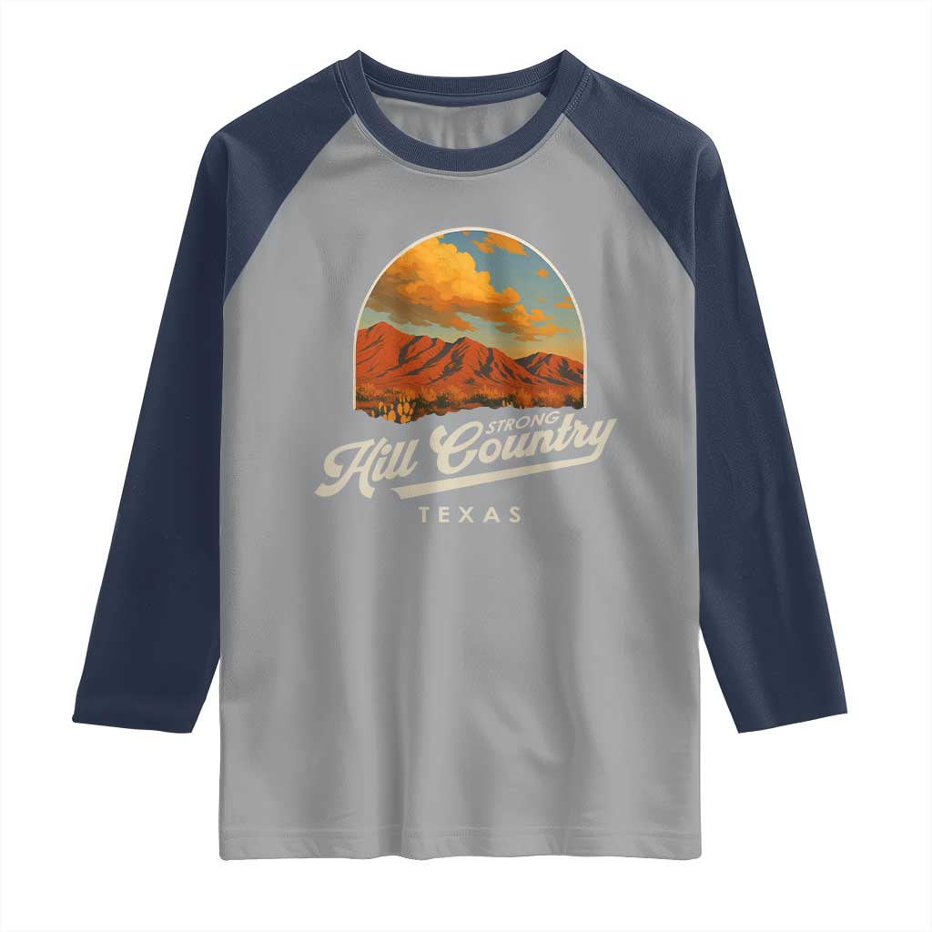 Hill Country Strong Raglan Shirt Texas Support Retro Enchanted Rock - Wonder Print Shop