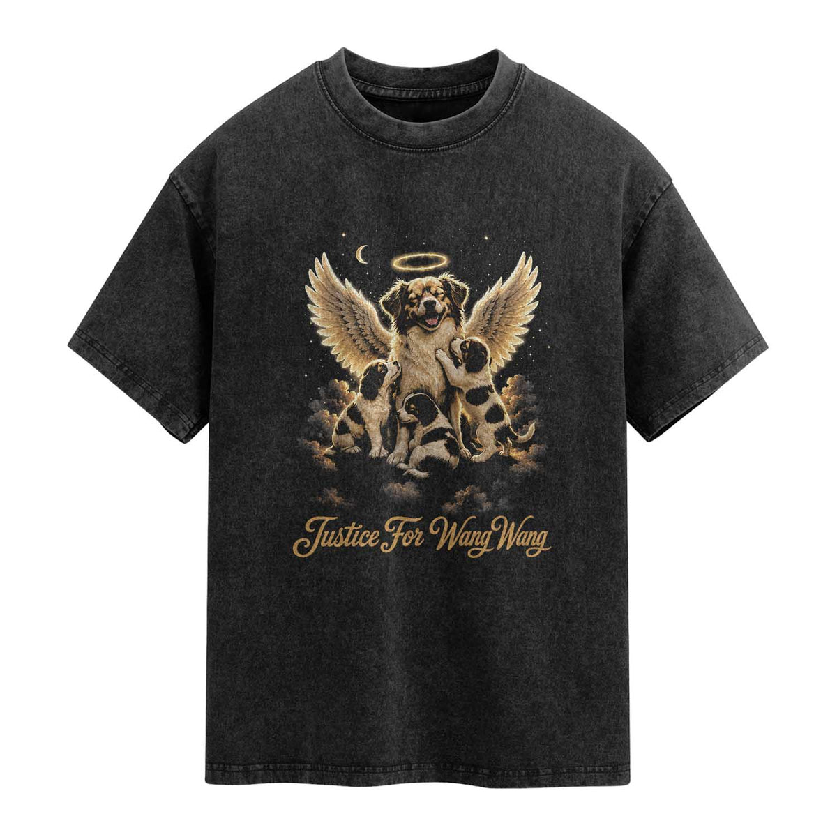Justice For Wangwang Angel Dog Halo Puppies Washed Cotton T-Shirt Heavenly Pet Loss Memorial Graphic