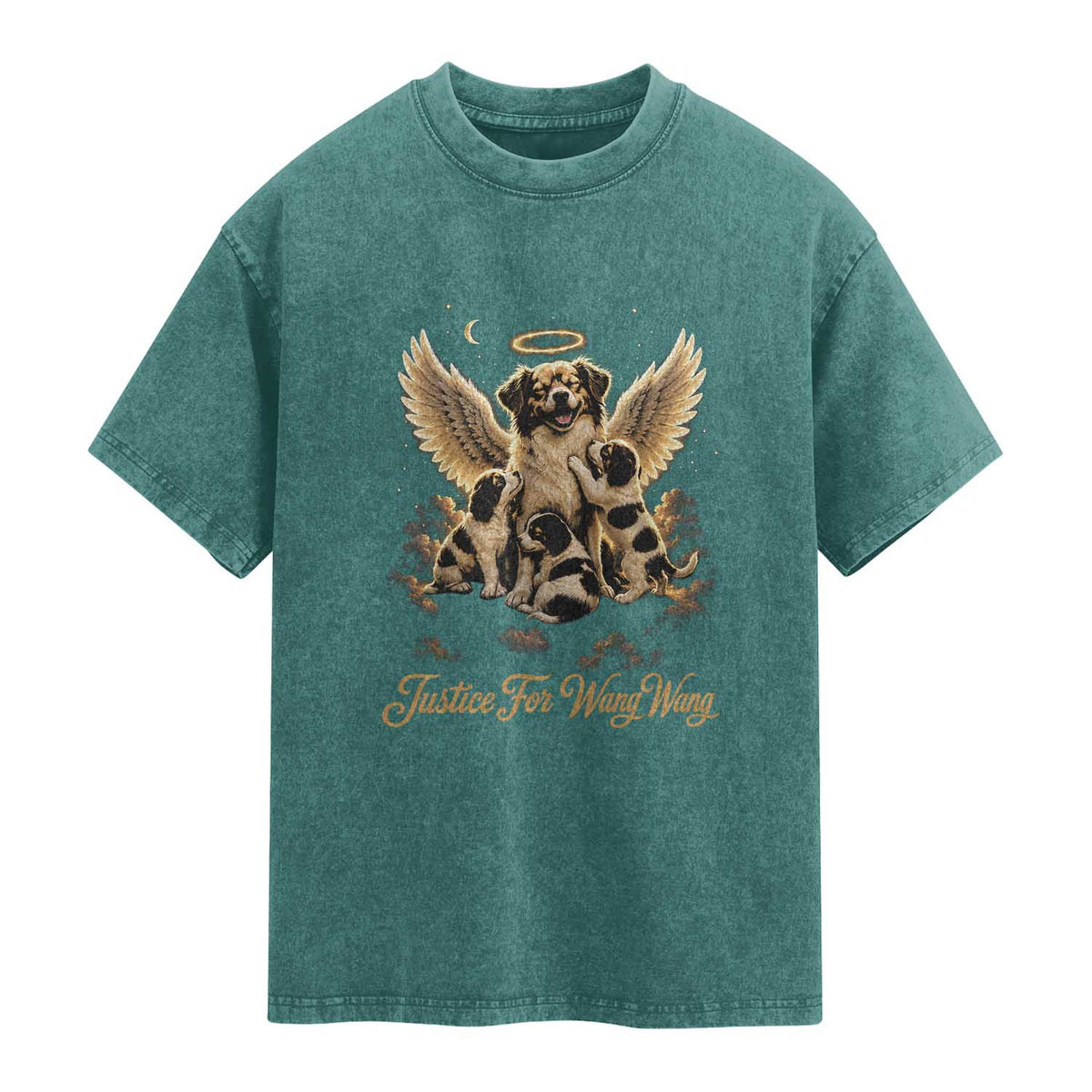 Justice For Wangwang Angel Dog Halo Puppies Washed Cotton T-Shirt Heavenly Pet Loss Memorial Graphic
