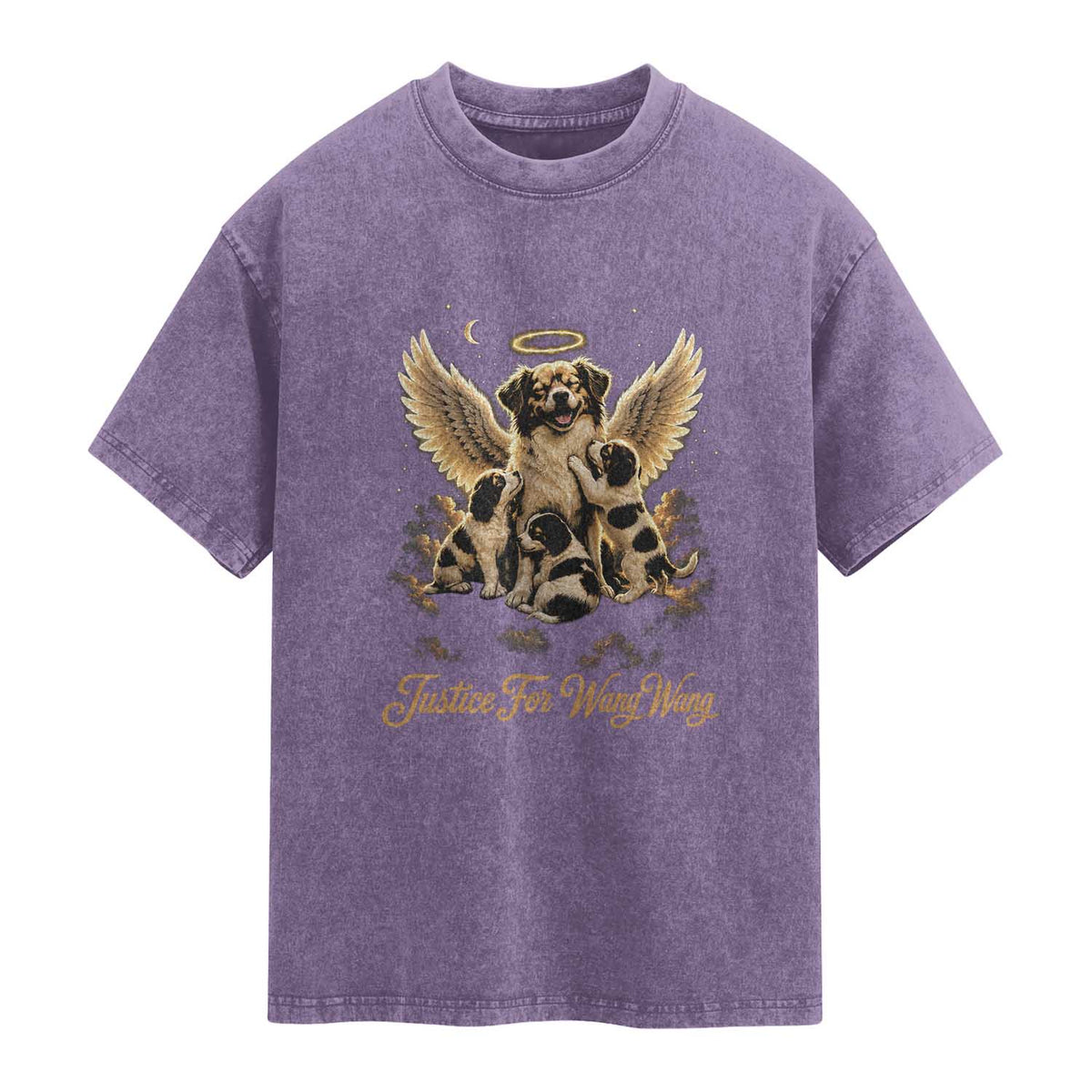 Justice For Wangwang Angel Dog Halo Puppies Washed Cotton T-Shirt Heavenly Pet Loss Memorial Graphic