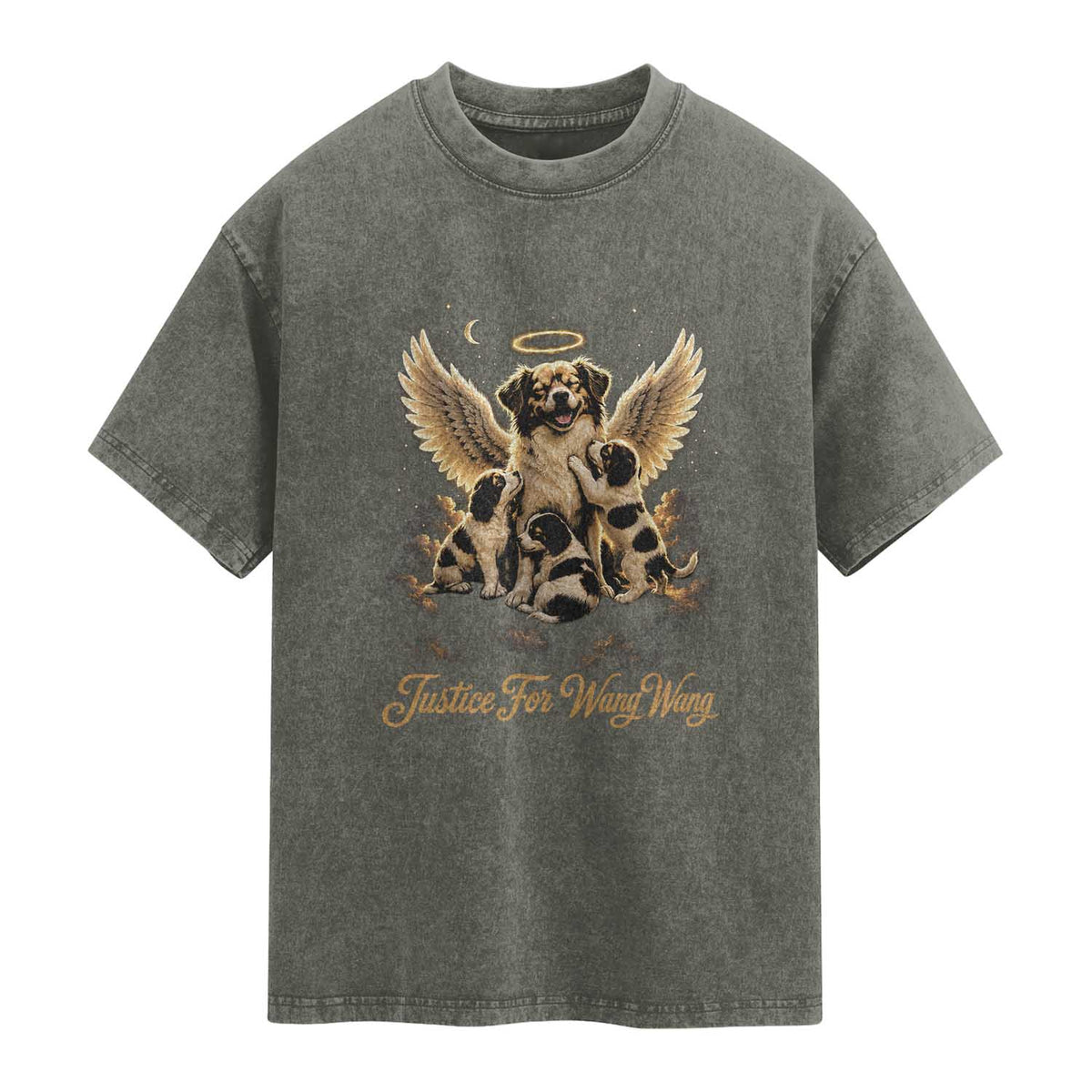 Justice For Wangwang Angel Dog Halo Puppies Washed Cotton T-Shirt Heavenly Pet Loss Memorial Graphic
