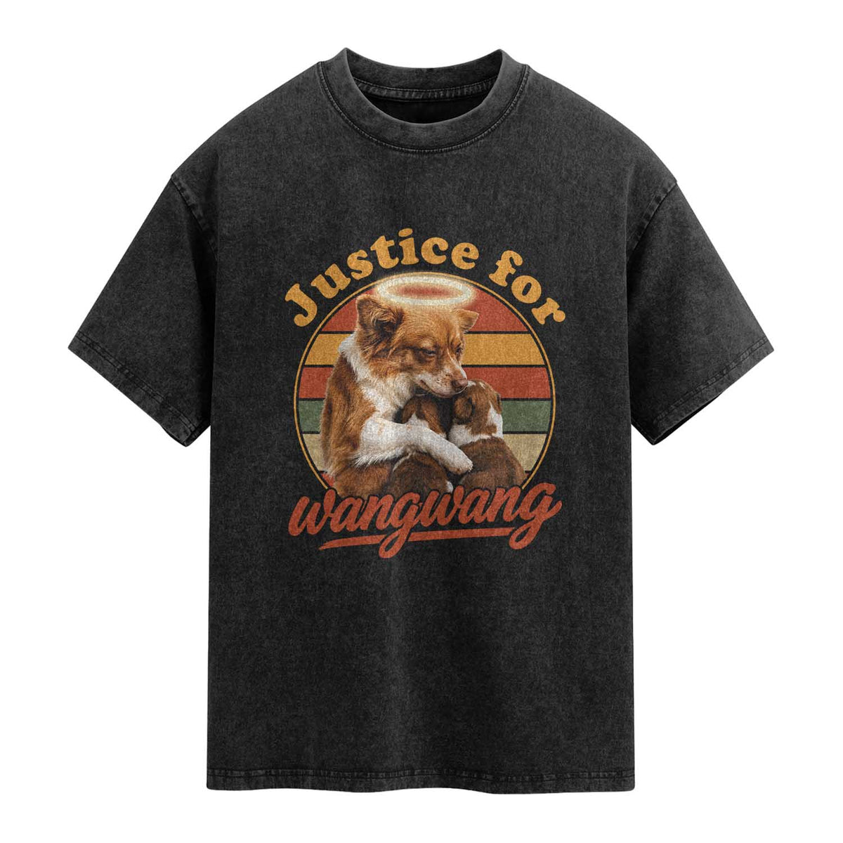 Justice For Wangwang Retro Sunset Halo Dog Mama Washed Cotton T-Shirt Pet Memorial Awareness Graphic