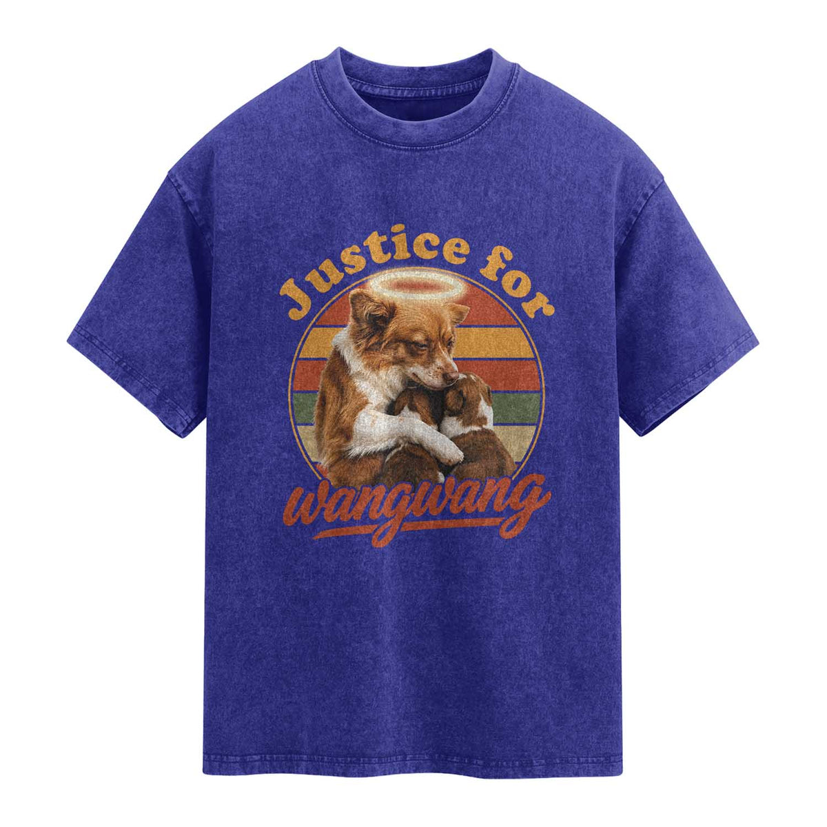 Justice For Wangwang Retro Sunset Halo Dog Mama Washed Cotton T-Shirt Pet Memorial Awareness Graphic