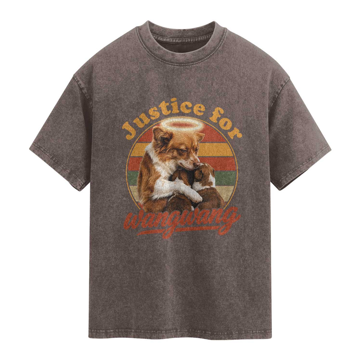 Justice For Wangwang Retro Sunset Halo Dog Mama Washed Cotton T-Shirt Pet Memorial Awareness Graphic