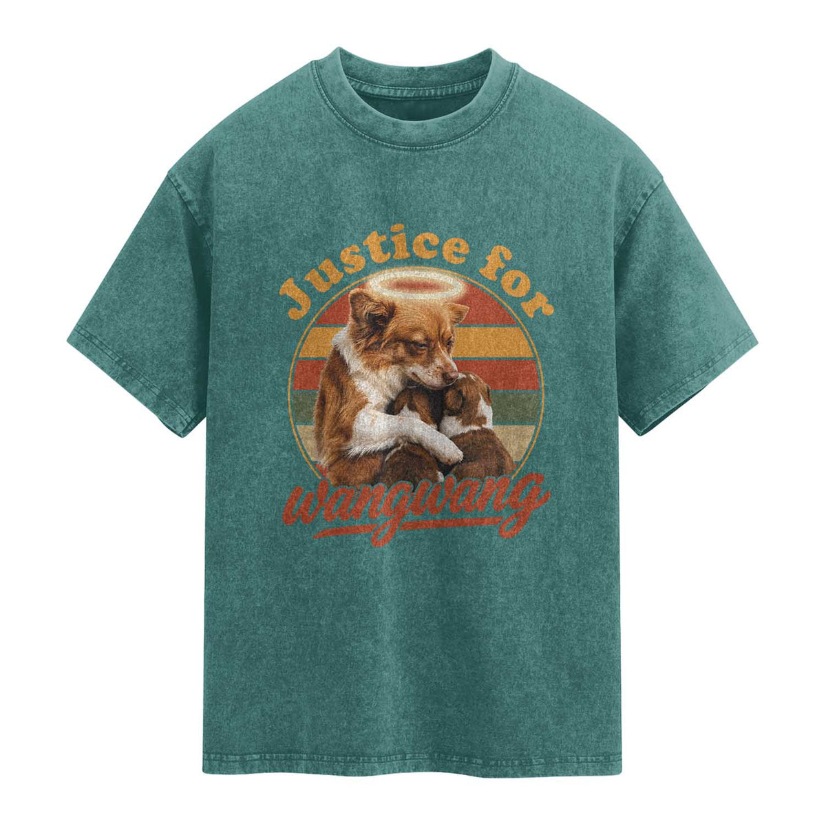 Justice For Wangwang Retro Sunset Halo Dog Mama Washed Cotton T-Shirt Pet Memorial Awareness Graphic