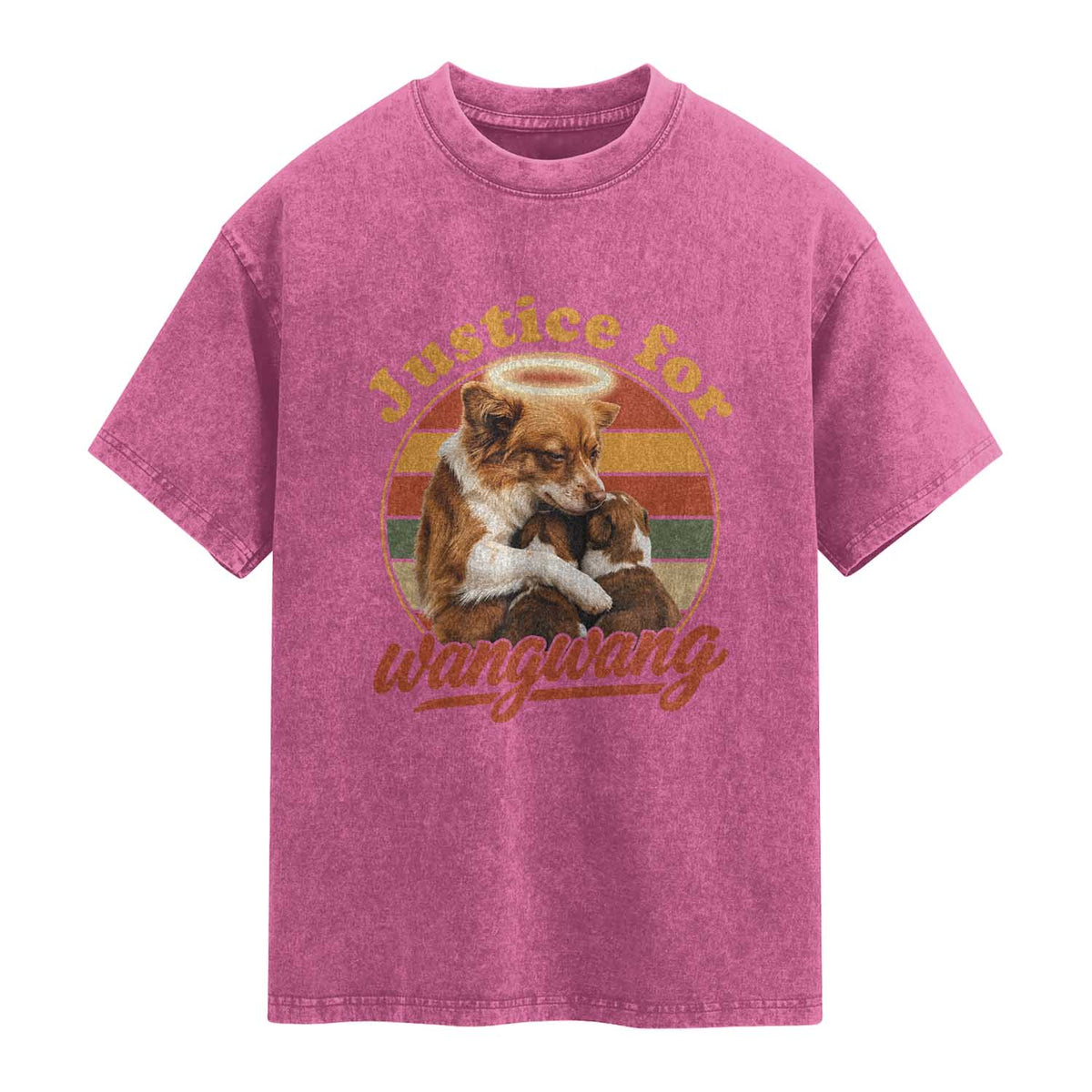 Justice For Wangwang Retro Sunset Halo Dog Mama Washed Cotton T-Shirt Pet Memorial Awareness Graphic