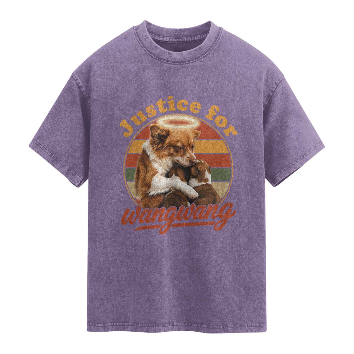 Justice For Wangwang Retro Sunset Halo Dog Mama Washed Cotton T-Shirt Pet Memorial Awareness Graphic