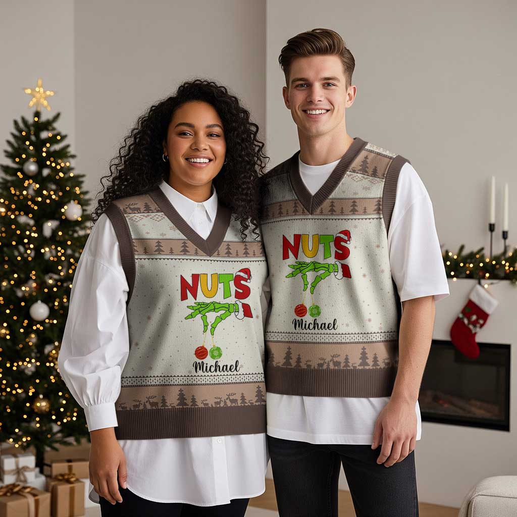 Personalized Xmas Matching Couple V-Neck Knit Sweater Vest Custom Name Chestnuts Xmas Funny Nuts - Wonder Print Shop