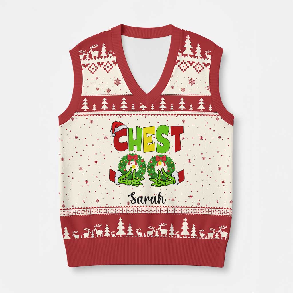 Personalized Xmas Matching Couple V-Neck Knit Sweater Vest Custom Name Chestnuts Xmas Funny Chest - Wonder Print Shop