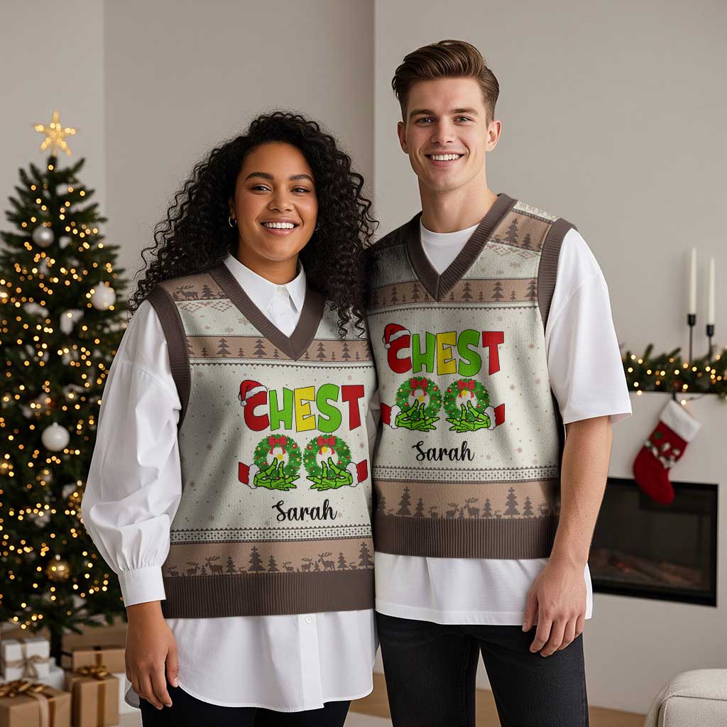 Personalized Xmas Matching Couple V-Neck Knit Sweater Vest Custom Name Chestnuts Xmas Funny Chest - Wonder Print Shop