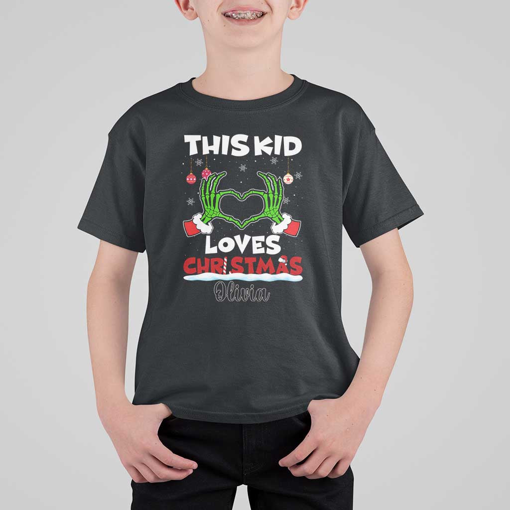 Personalized Funny Christmas Lover T Shirt For Kid Custom Kids Name Skeleton Hand Heart - Wonder Print Shop