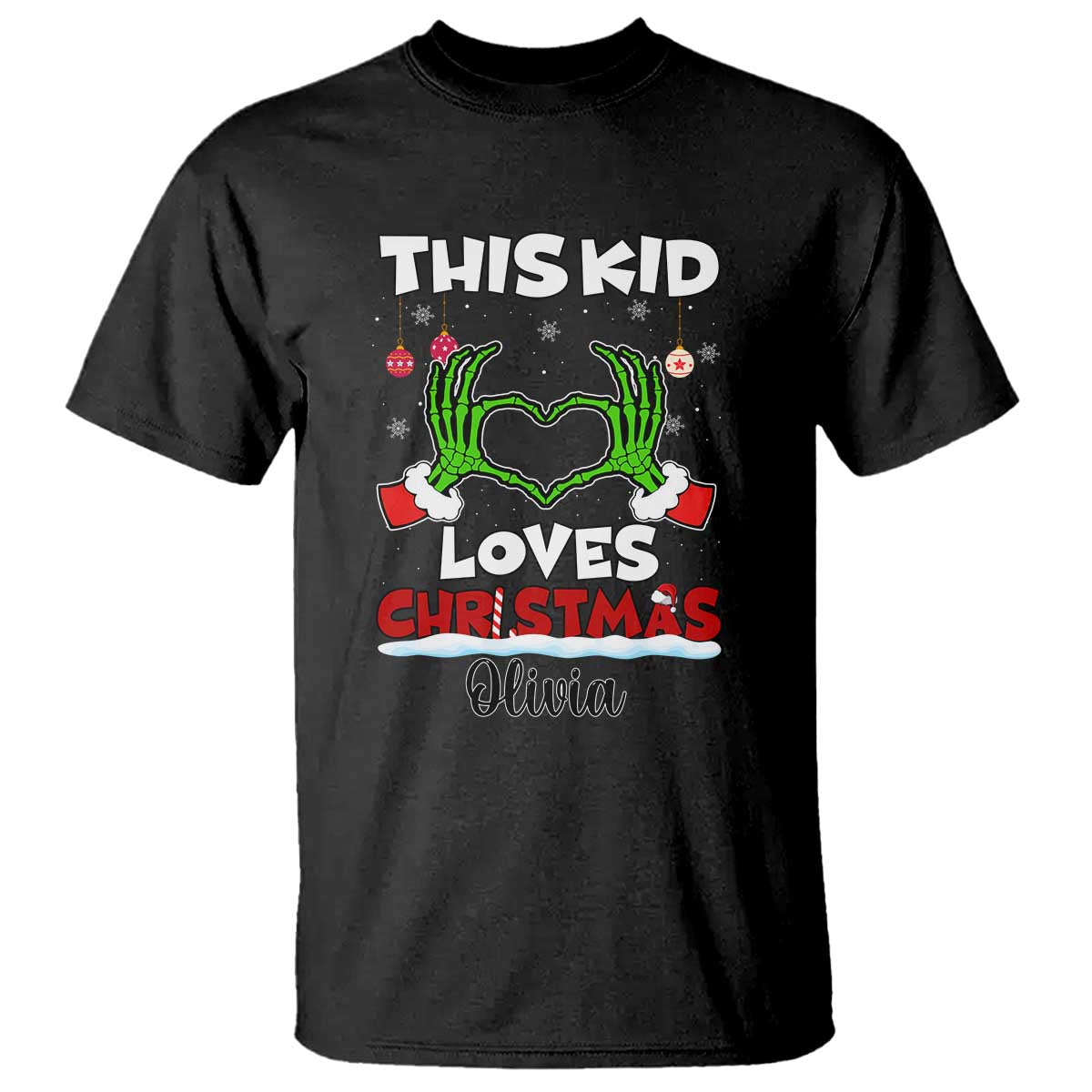 Personalized Funny Christmas Lover T Shirt Custom Kids Name Skeleton Hand Heart - Wonder Print Shop