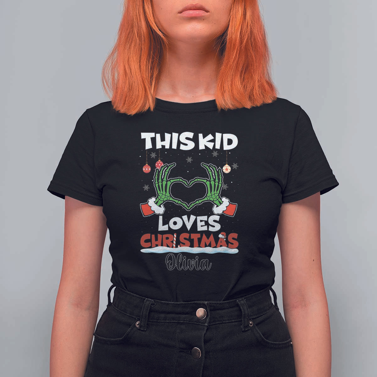 Personalized Funny Christmas Lover T Shirt For Women Custom Kids Name Skeleton Hand Heart - Wonder Print Shop