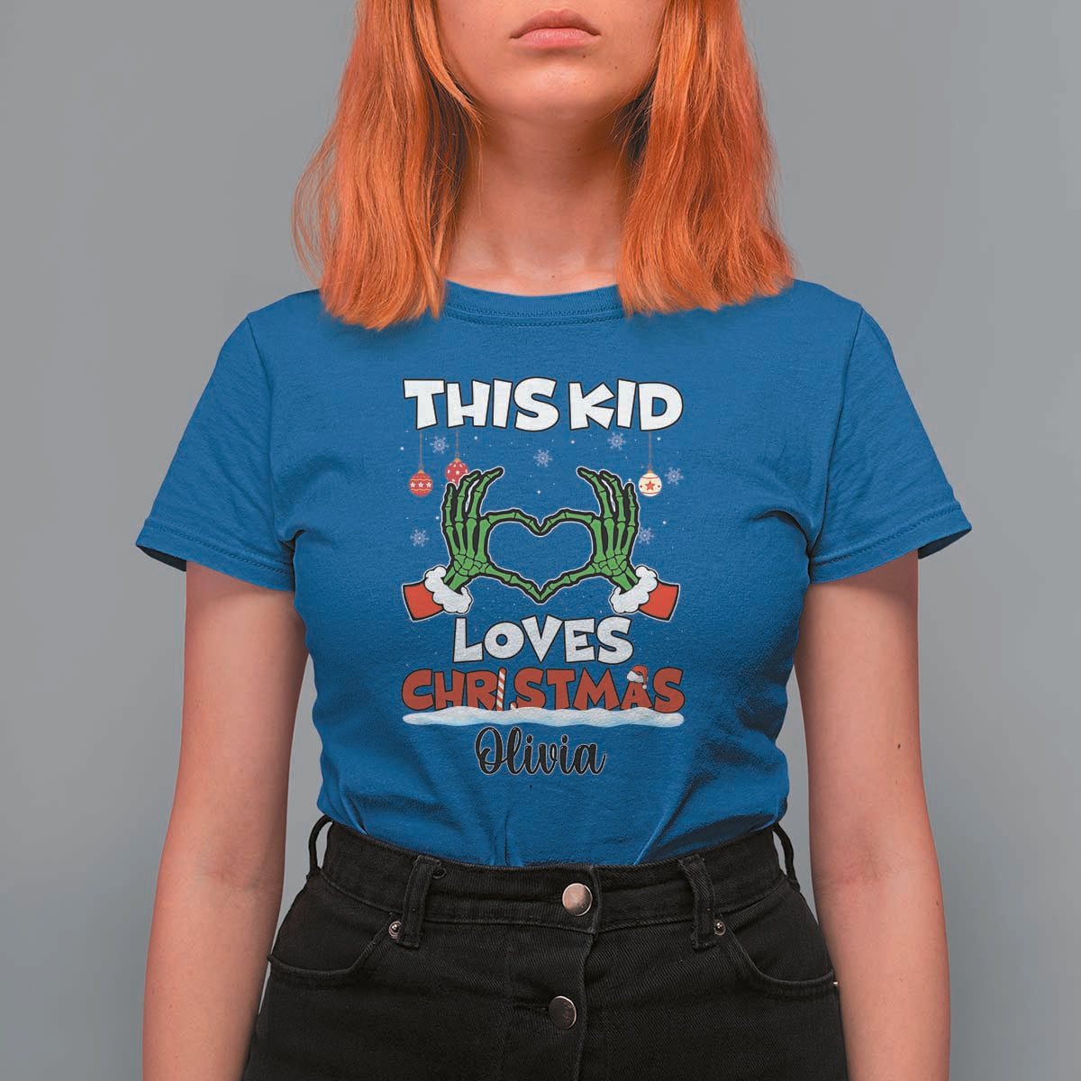 Personalized Funny Christmas Lover T Shirt For Women Custom Kids Name Skeleton Hand Heart - Wonder Print Shop