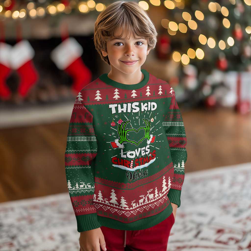 Personalized Funny Xmas Lover Ugly Christmas Sweater Custom Kids Name Skeleton Hand Heart - Wonder Print Shop