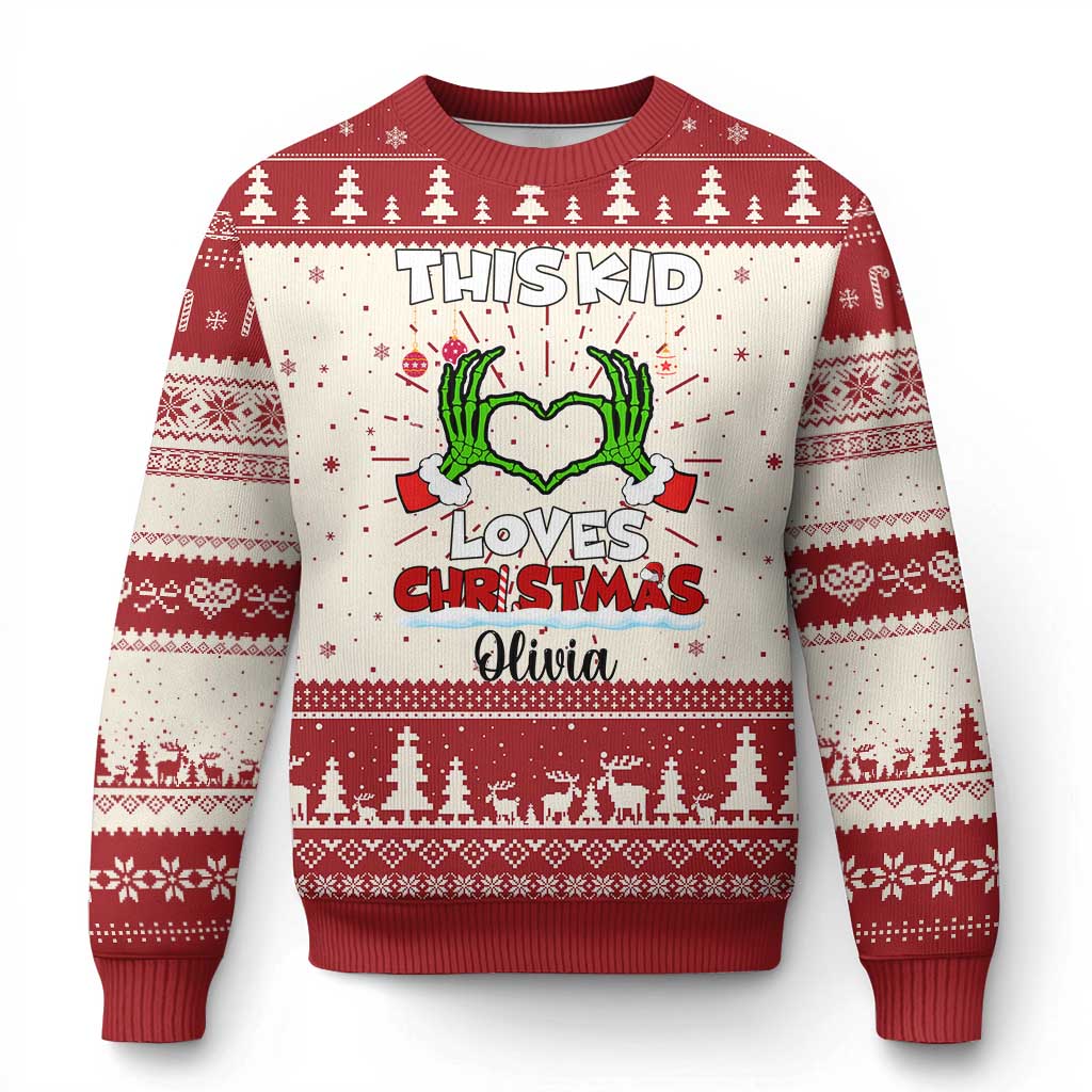 Personalized Funny Xmas Lover Ugly Christmas Sweater Custom Kids Name Skeleton Hand Heart - Wonder Print Shop