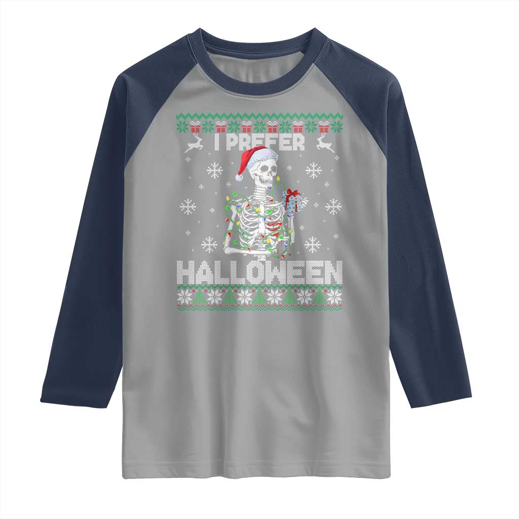 Funny Skeleton Christmas Raglan Shirt I Prefer Halloween Spooky Xmas Holiday - Wonder Print Shop
