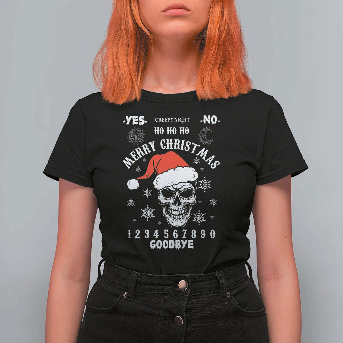 Dark Christmas Spirit Board T Shirt For Women Creepy Merry Xmas Skull and Ouija Horror Holiday - Wonder Print Shop
