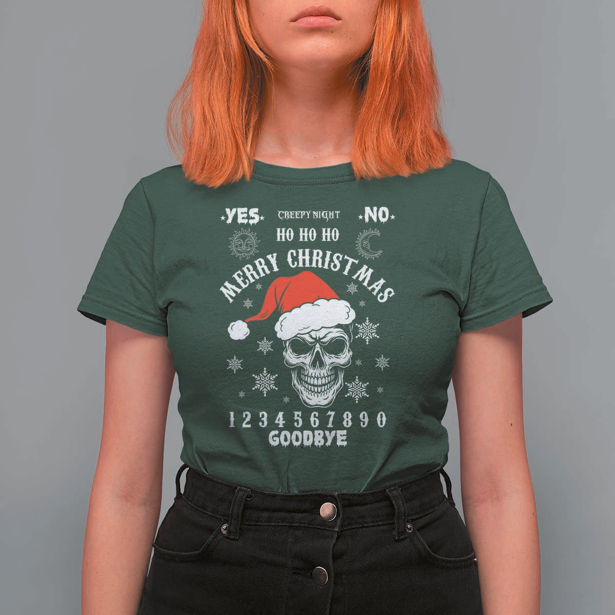 Dark Christmas Spirit Board T Shirt For Women Creepy Merry Xmas Skull and Ouija Horror Holiday - Wonder Print Shop