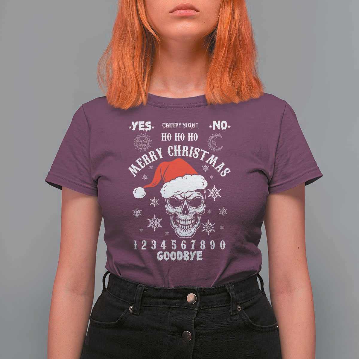 Dark Christmas Spirit Board T Shirt For Women Creepy Merry Xmas Skull and Ouija Horror Holiday - Wonder Print Shop