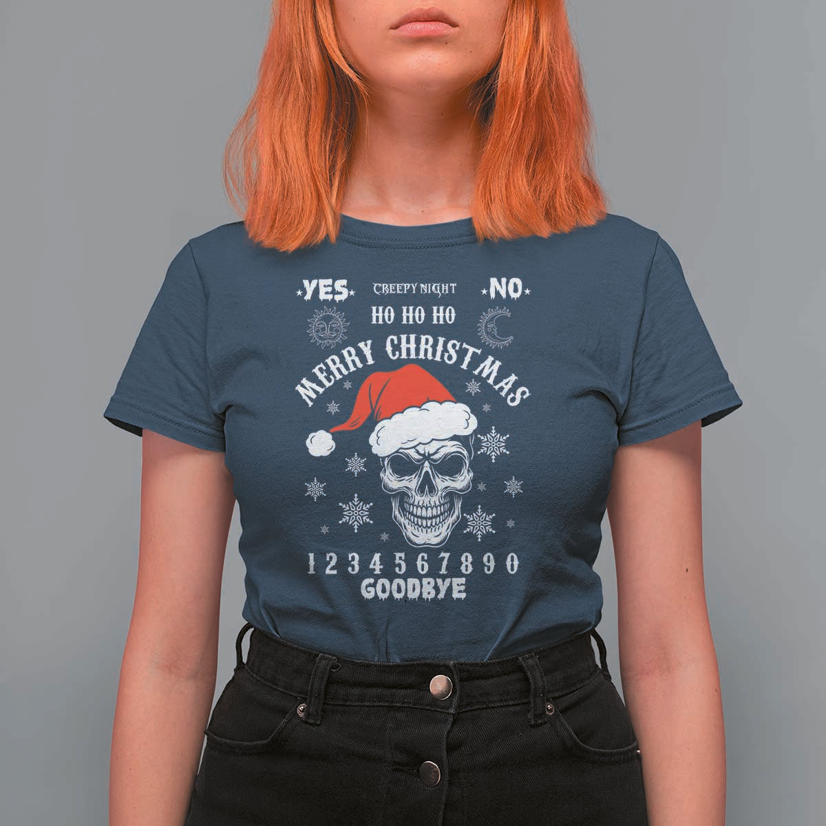 Dark Christmas Spirit Board T Shirt For Women Creepy Merry Xmas Skull and Ouija Horror Holiday - Wonder Print Shop