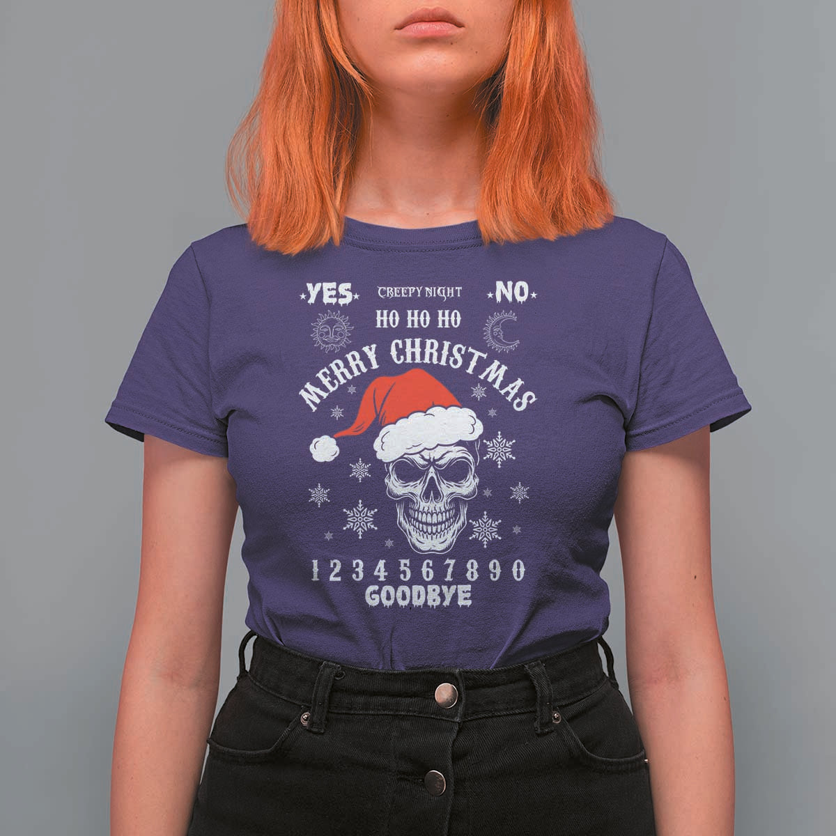Dark Christmas Spirit Board T Shirt For Women Creepy Merry Xmas Skull and Ouija Horror Holiday - Wonder Print Shop