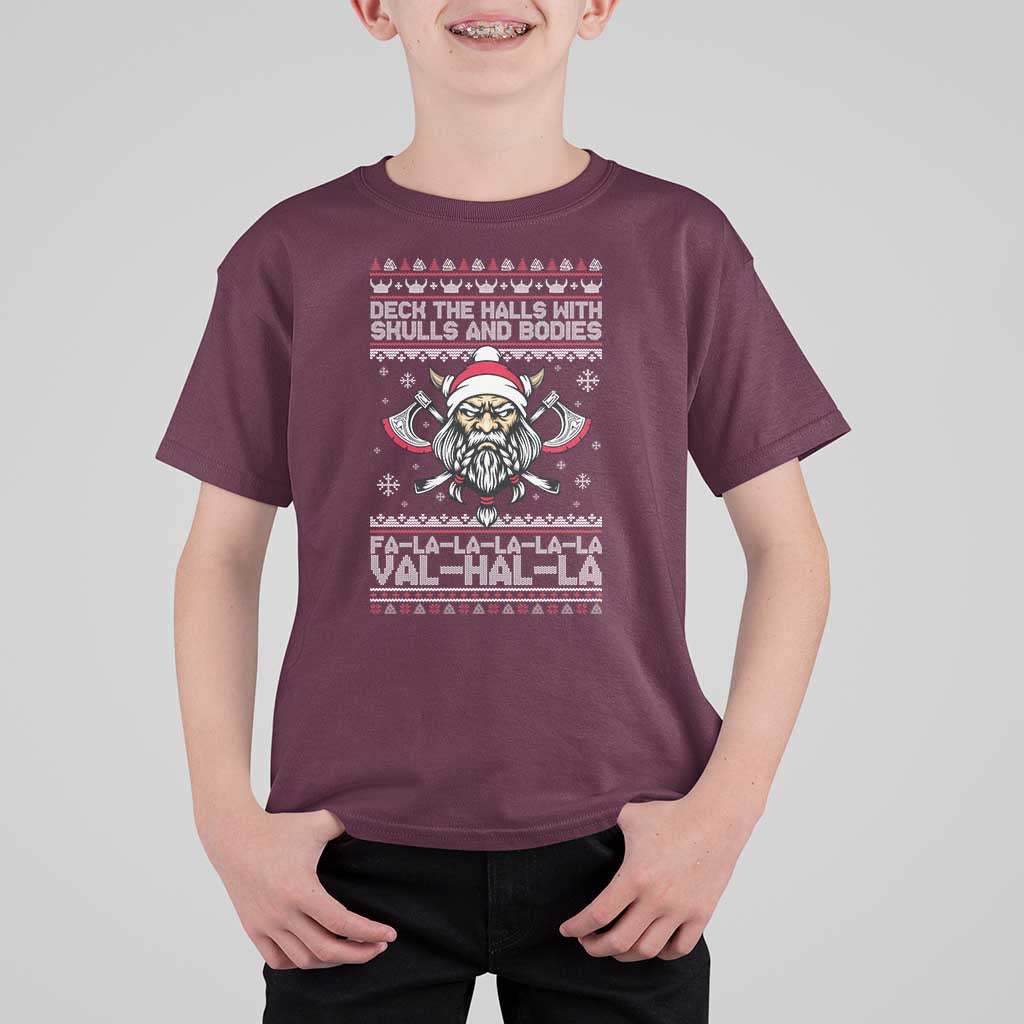 Deck The Halls With Skulls and Bodies T Shirt For Kid Viking Christmas Fa La La Valhalla - Wonder Print Shop