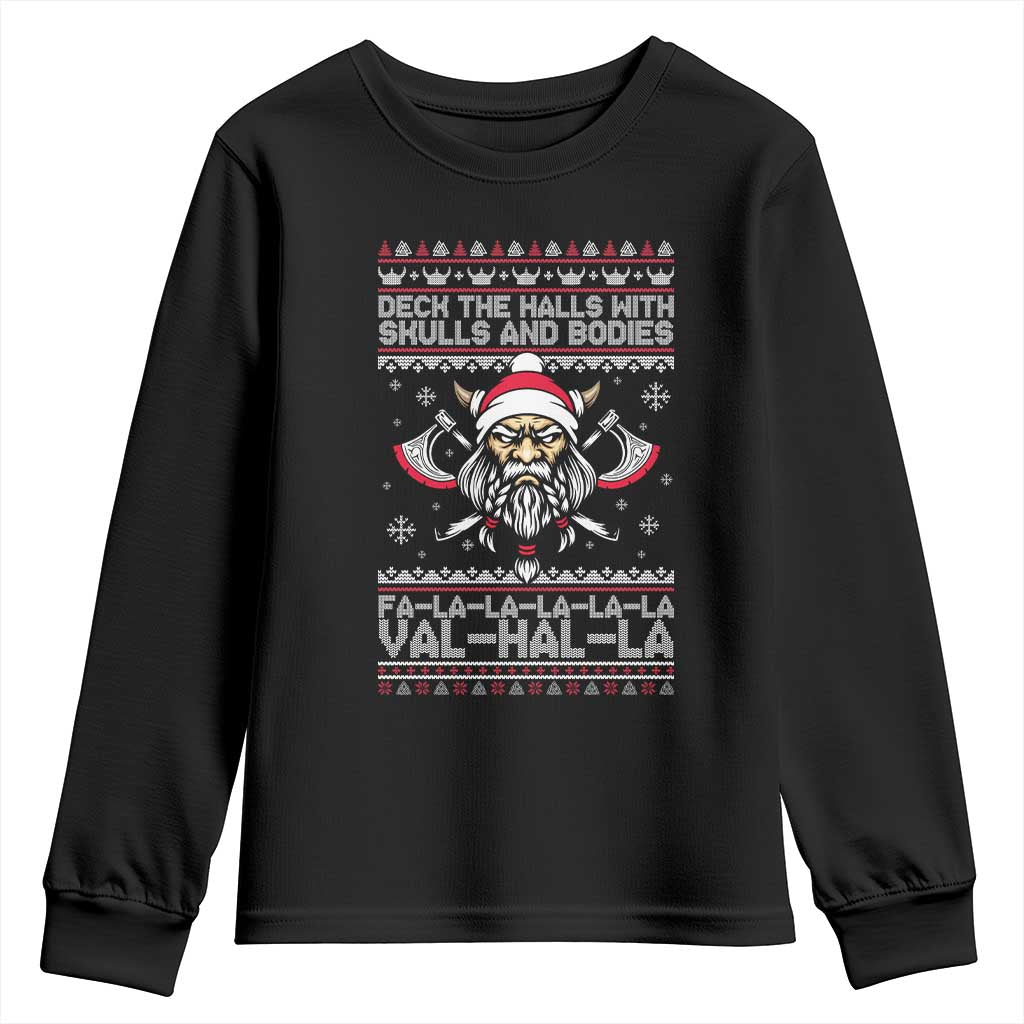 Deck The Halls With Skulls and Bodies Youth Sweatshirt Viking Christmas Fa La La Valhalla - Wonder Print Shop