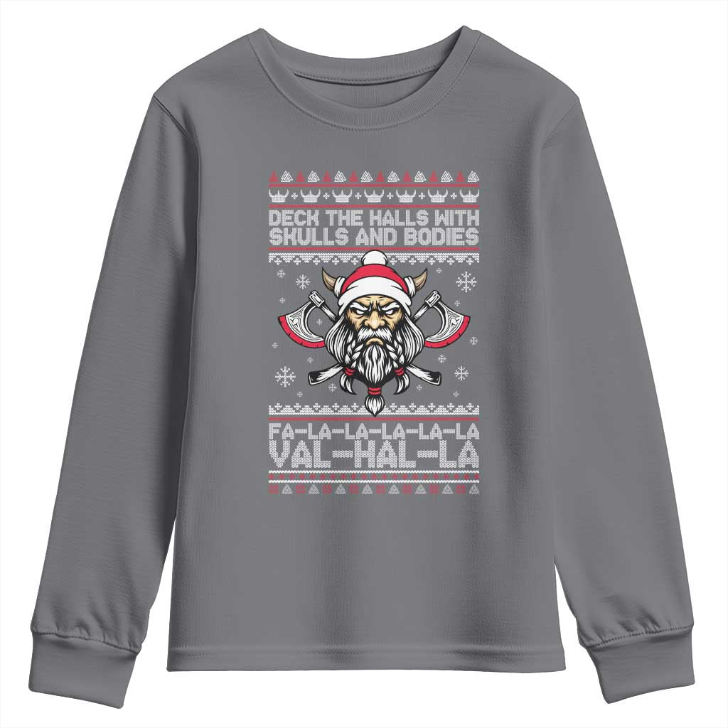 Deck The Halls With Skulls and Bodies Youth Sweatshirt Viking Christmas Fa La La Valhalla - Wonder Print Shop