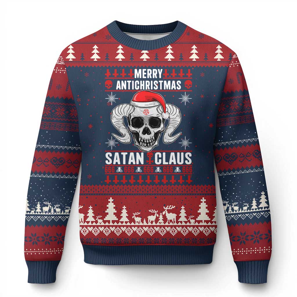 Satan Claus Skull Antichristmas Ugly Christmas Sweater Dark Humor Holiday 666 Skull and Horns - Wonder Print Shop