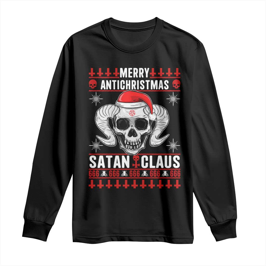 Satan Claus Skull Antichristmas Long Sleeve Shirt Dark Humor Holiday 666 Skull and Horns - Wonder Print Shop