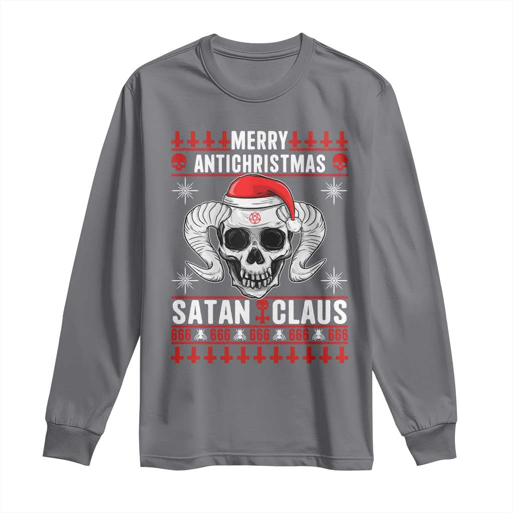 Satan Claus Skull Antichristmas Long Sleeve Shirt Dark Humor Holiday 666 Skull and Horns - Wonder Print Shop