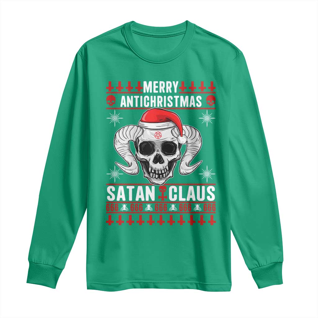Satan Claus Skull Antichristmas Long Sleeve Shirt Dark Humor Holiday 666 Skull and Horns - Wonder Print Shop