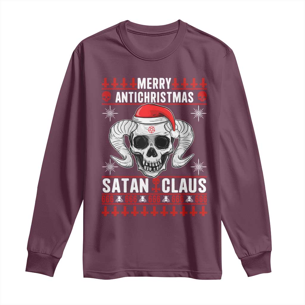 Satan Claus Skull Antichristmas Long Sleeve Shirt Dark Humor Holiday 666 Skull and Horns - Wonder Print Shop