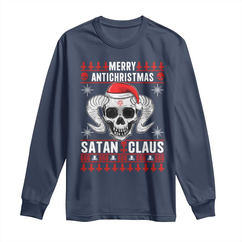 Satan Claus Skull Antichristmas Long Sleeve Shirt Dark Humor Holiday 666 Skull and Horns - Wonder Print Shop