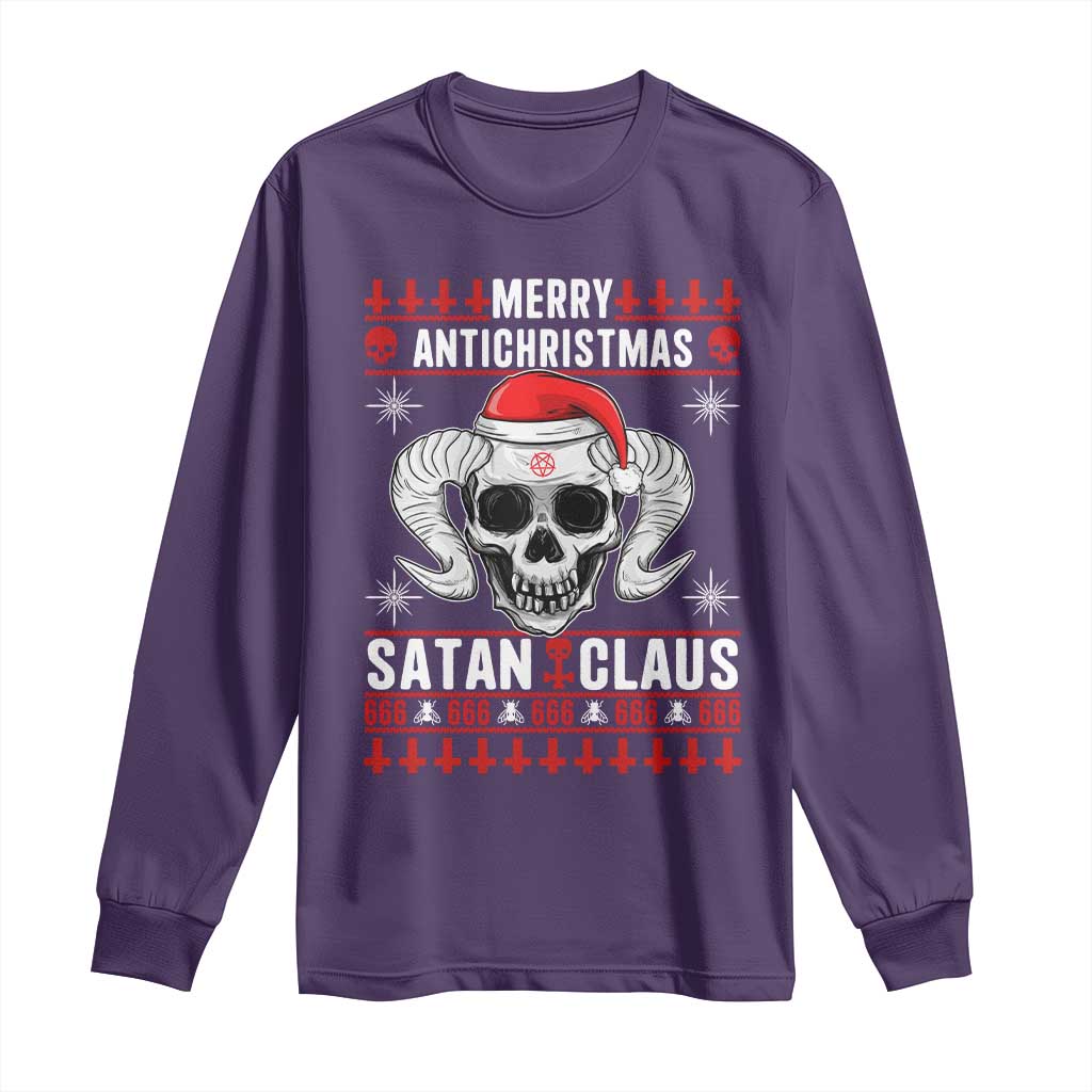 Satan Claus Skull Antichristmas Long Sleeve Shirt Dark Humor Holiday 666 Skull and Horns - Wonder Print Shop