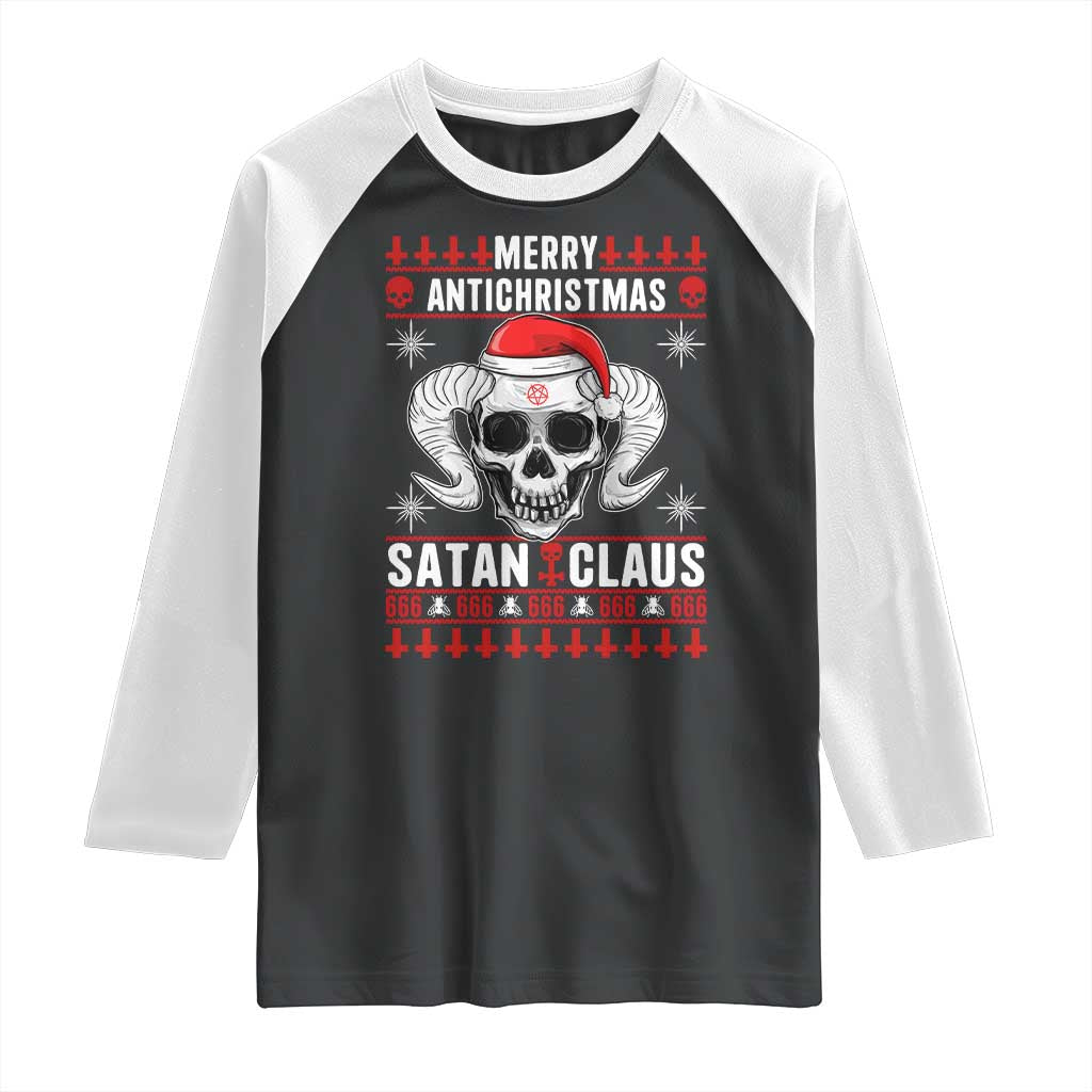 Satan Claus Skull Antichristmas Raglan Shirt Dark Humor Holiday 666 Skull and Horns - Wonder Print Shop