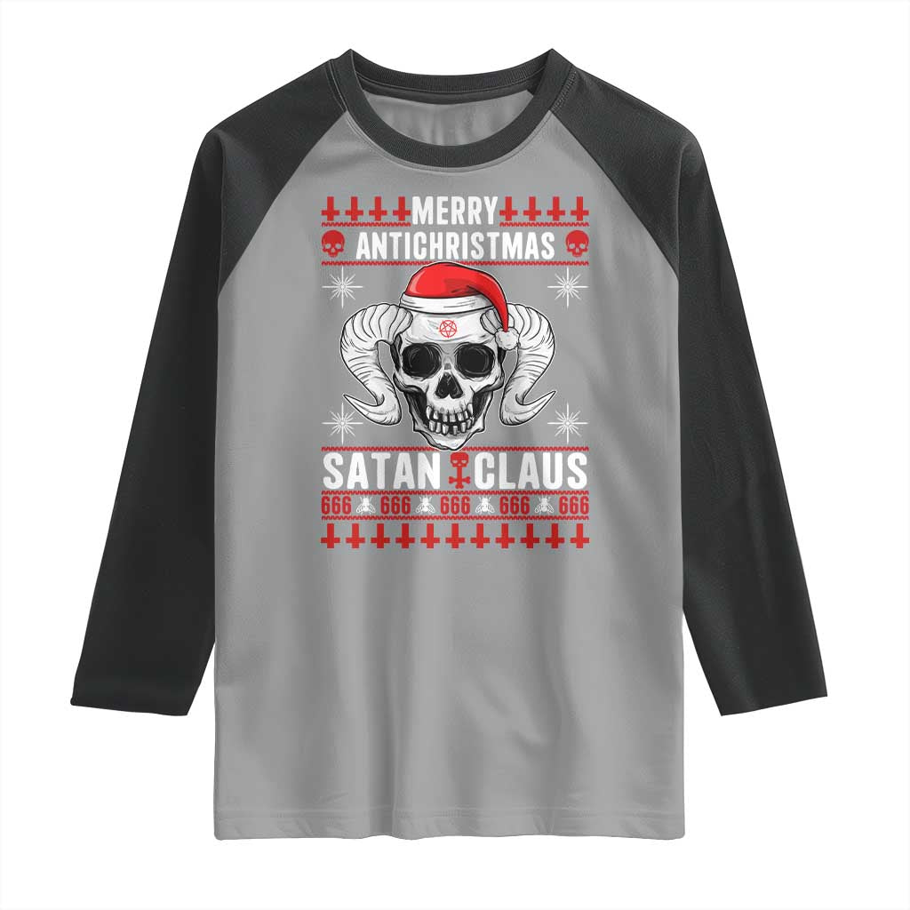 Satan Claus Skull Antichristmas Raglan Shirt Dark Humor Holiday 666 Skull and Horns - Wonder Print Shop