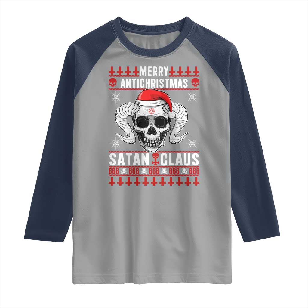 Satan Claus Skull Antichristmas Raglan Shirt Dark Humor Holiday 666 Skull and Horns - Wonder Print Shop