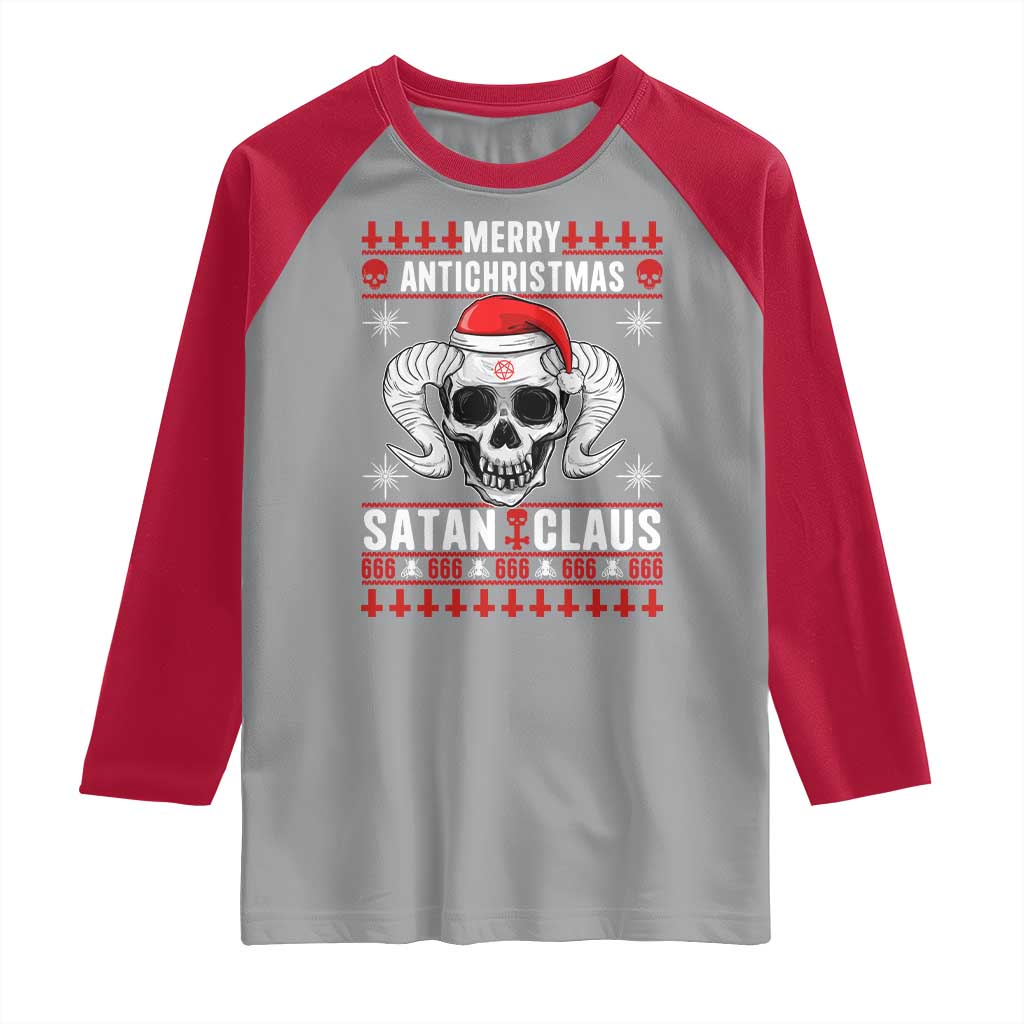 Satan Claus Skull Antichristmas Raglan Shirt Dark Humor Holiday 666 Skull and Horns - Wonder Print Shop