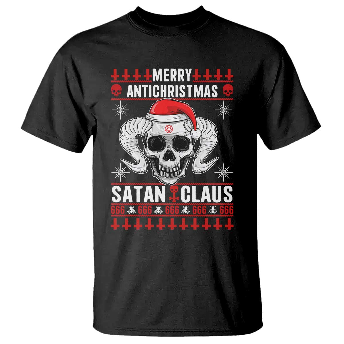 Satan Claus Skull Antichristmas T Shirt Dark Humor Holiday 666 Skull and Horns - Wonder Print Shop