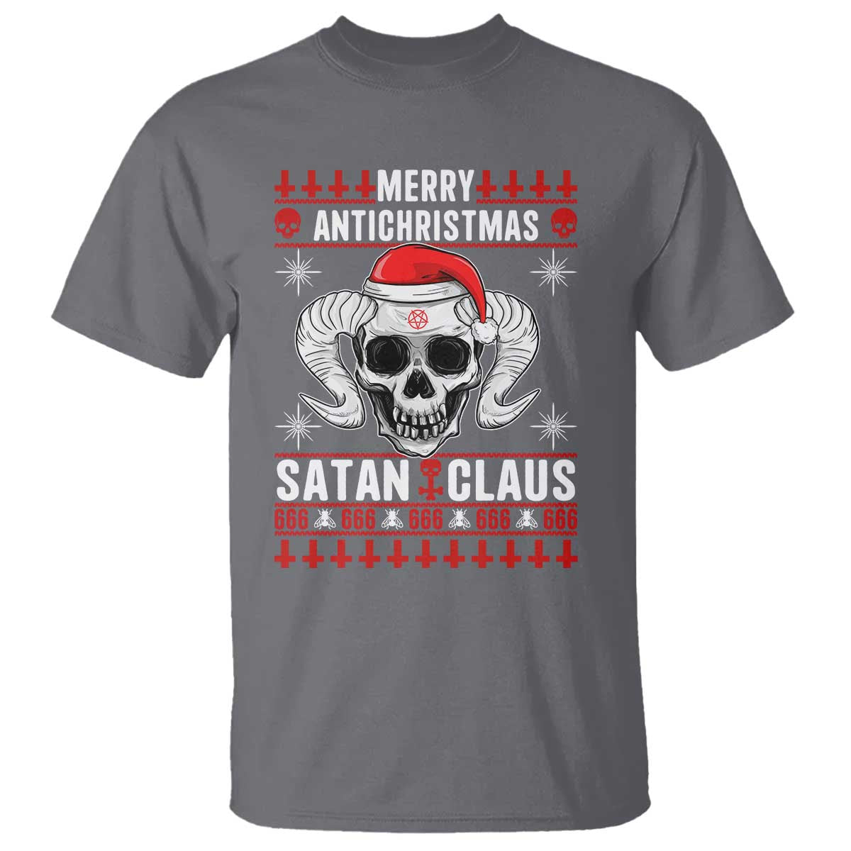 Satan Claus Skull Antichristmas T Shirt Dark Humor Holiday 666 Skull and Horns - Wonder Print Shop