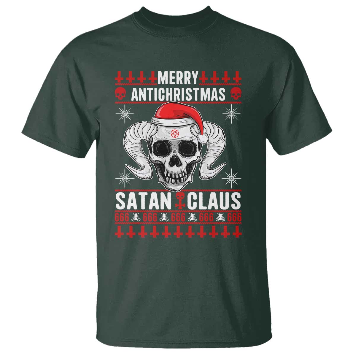 Satan Claus Skull Antichristmas T Shirt Dark Humor Holiday 666 Skull and Horns - Wonder Print Shop