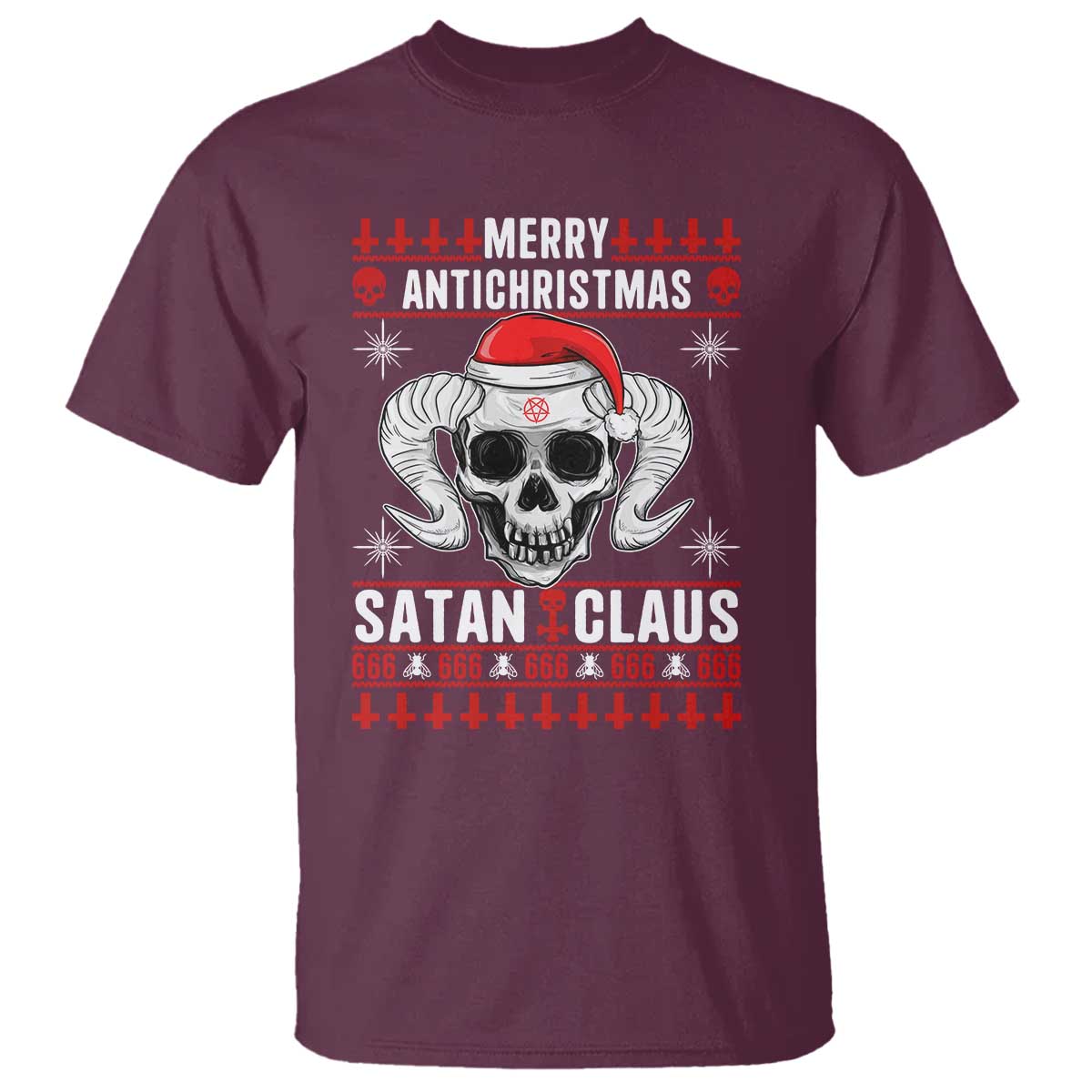 Satan Claus Skull Antichristmas T Shirt Dark Humor Holiday 666 Skull and Horns - Wonder Print Shop