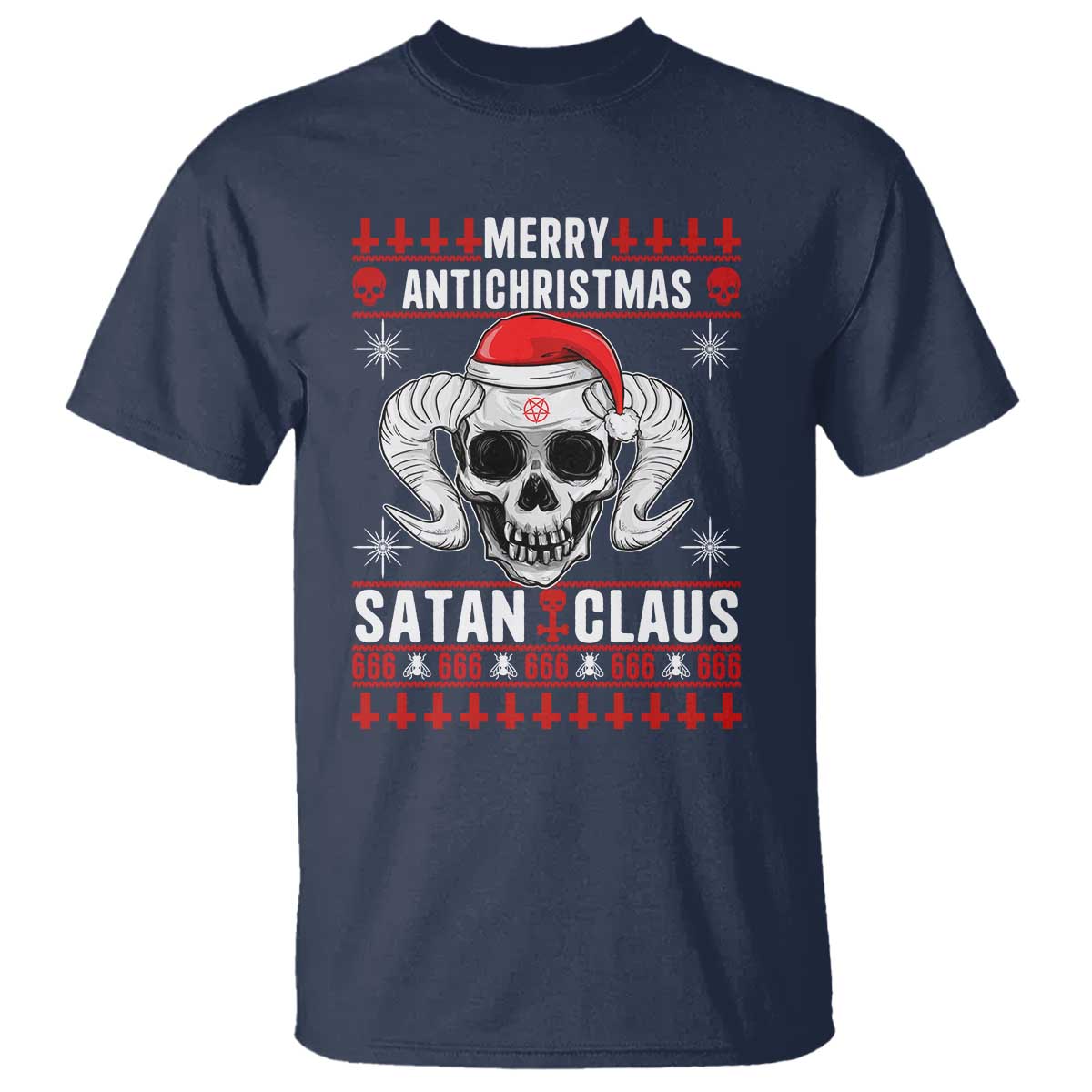 Satan Claus Skull Antichristmas T Shirt Dark Humor Holiday 666 Skull and Horns - Wonder Print Shop