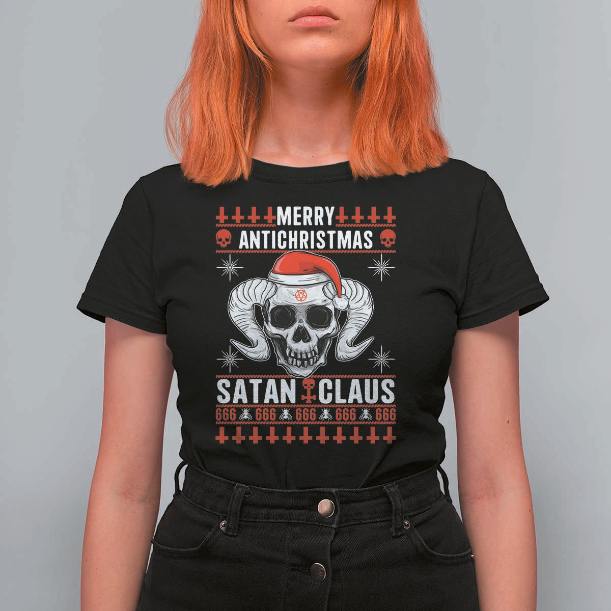Satan Claus Skull Antichristmas T Shirt For Women Dark Humor Holiday 666 Skull and Horns - Wonder Print Shop