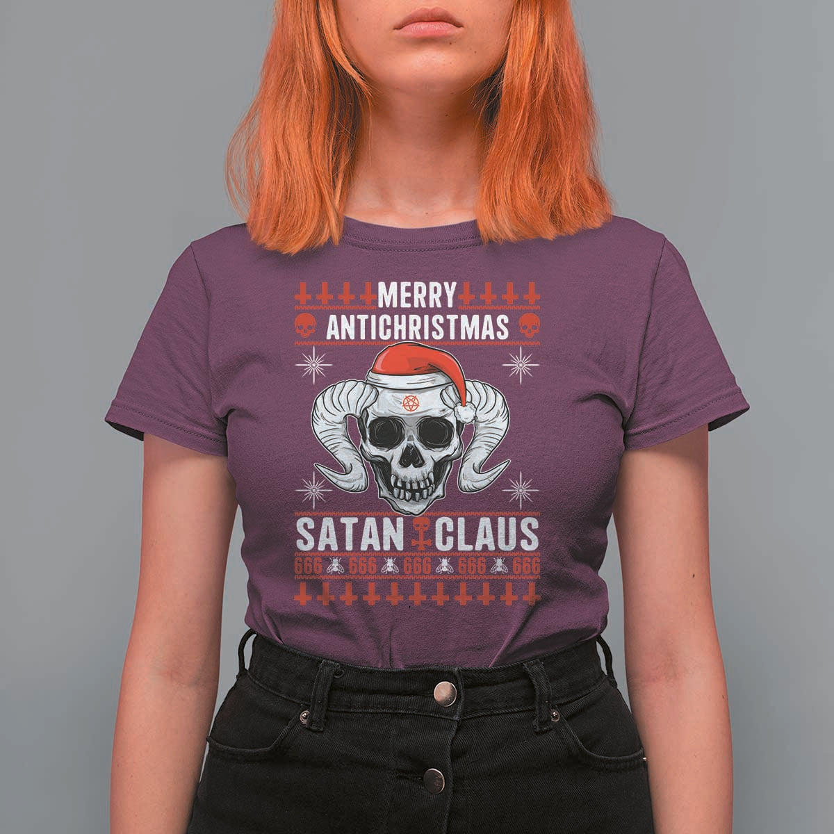 Satan Claus Skull Antichristmas T Shirt For Women Dark Humor Holiday 666 Skull and Horns - Wonder Print Shop