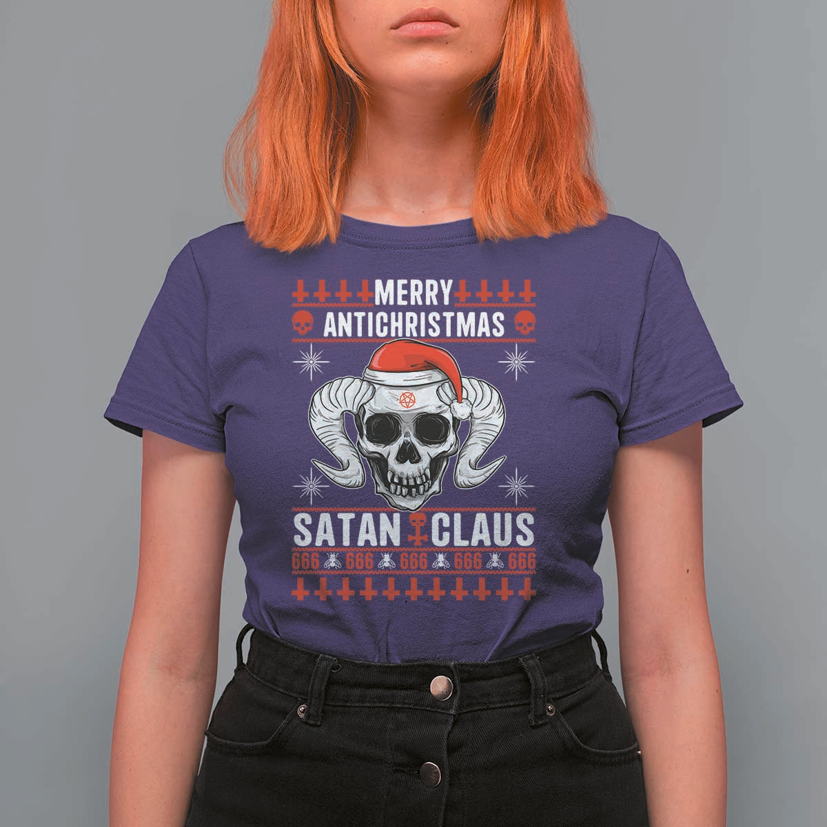 Satan Claus Skull Antichristmas T Shirt For Women Dark Humor Holiday 666 Skull and Horns - Wonder Print Shop