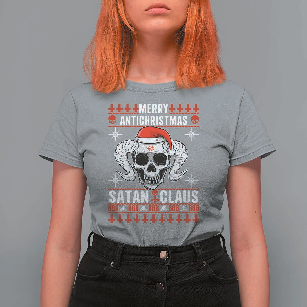 Satan Claus Skull Antichristmas T Shirt For Women Dark Humor Holiday 666 Skull and Horns - Wonder Print Shop